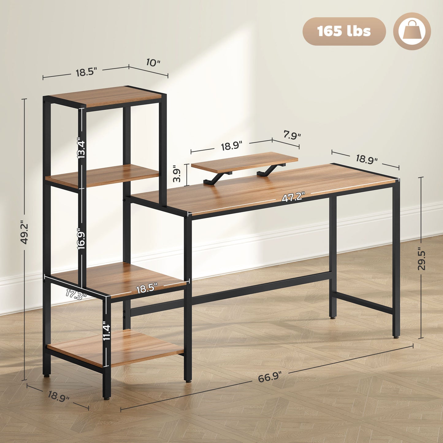 Computer Desk, 67 CPU Desk With Monitor Stand, Reversible 4-Tier Shelf, Industrial Writing Desk For Study Room, Brown