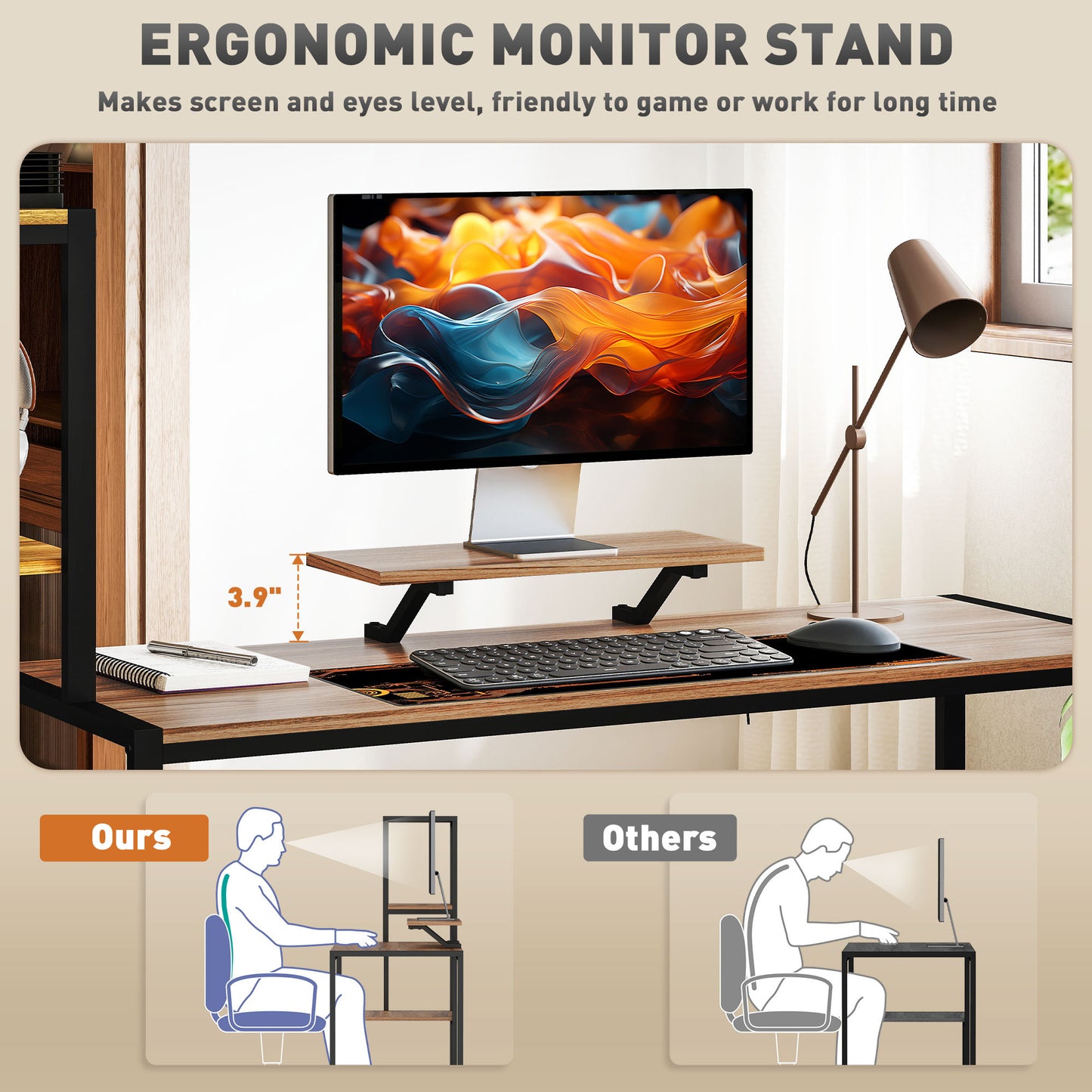 Computer Desk, 67 CPU Desk With Monitor Stand, Reversible 4-Tier Shelf, Industrial Writing Desk For Study Room, Brown