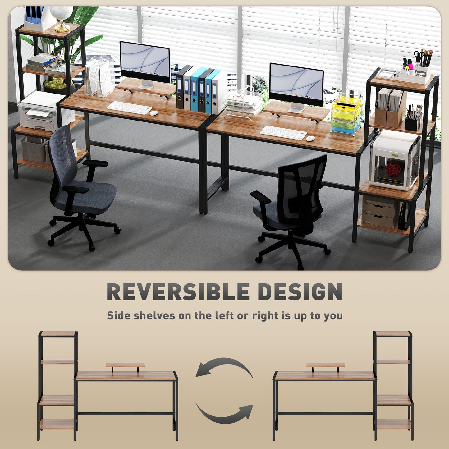 Computer Desk, 67 CPU Desk With Monitor Stand, Reversible 4-Tier Shelf, Industrial Writing Desk For Study Room, Brown