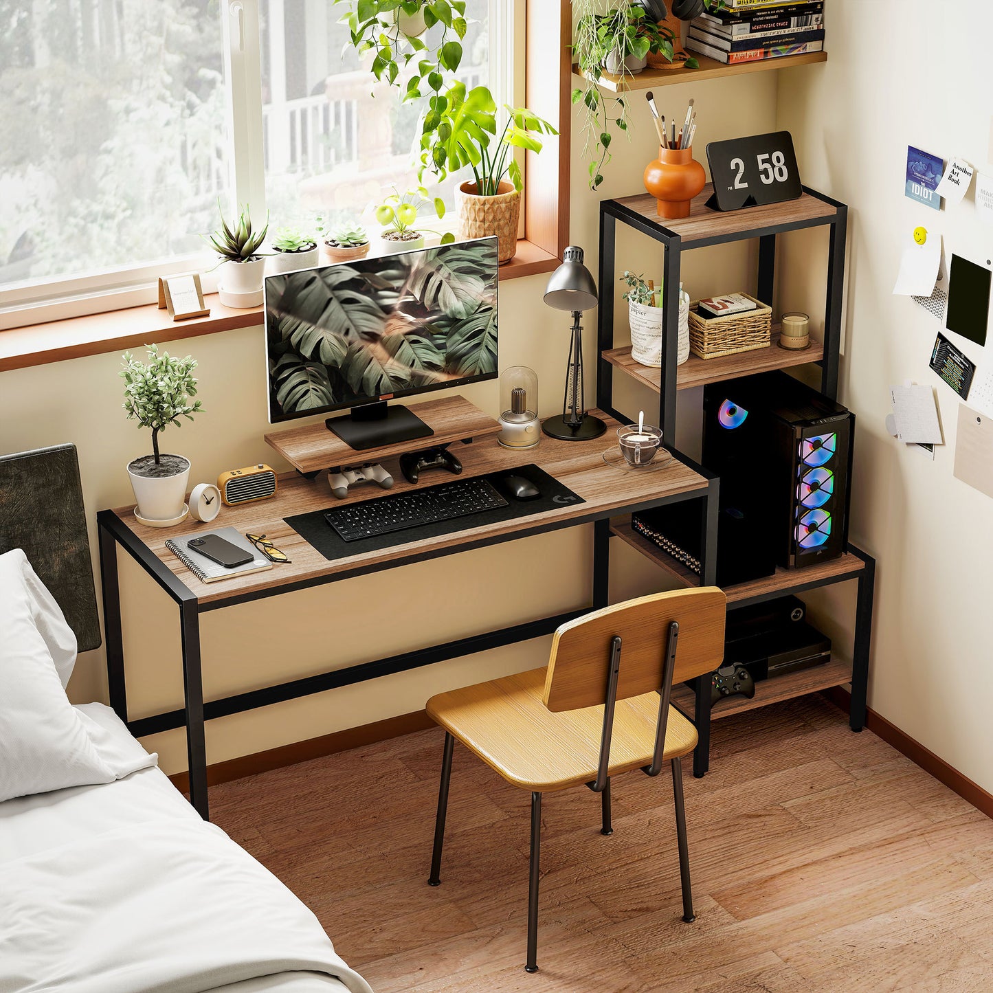 Computer Desk, 67 CPU Desk With Monitor Stand, Reversible 4-Tier Shelf, Industrial Writing Desk For Study Room, Brown